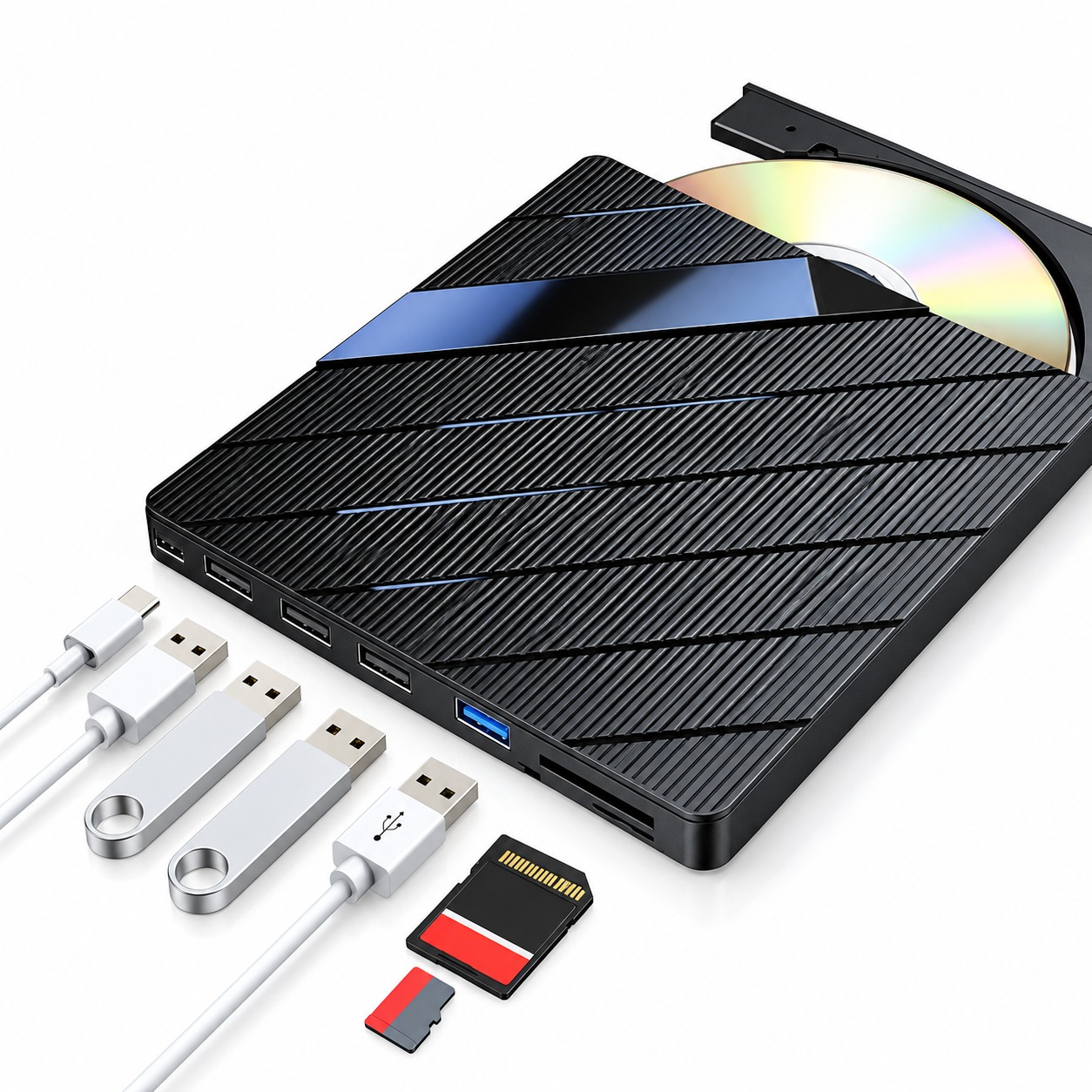Externí DVD mechanika + 4portový USB hub se čtečkou SD karet a USB-C portem